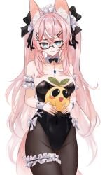 1girls animal_ears blue_eyes blush breasts bunnysuit dog_ears dog_girl dog_tail female female_only glasses huge_breasts light-skinned_female light_skin pink_hair simple_background solo tail uve_(huve) virtual_youtuber vyugen white_background wrist_cuffs yuniiho_(character)