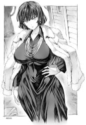 1girls big_breasts black_and_white breasts busty child_bearing_hips clothed coat coat_on_shoulders curvaceous curves curvy curvy_body curvy_female curvy_figure curvy_hips female female_only fubuki_(one-punch_man) fully_clothed fur_coat hips huge_breasts large_breasts mogudan one-punch_man thin_waist wide_hips