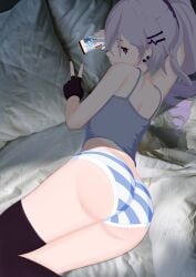 2d ass awake awakening bed big_ass big_butt black_socks bubble_butt gray_hair grinnsfw honkai:_star_rail honkai_(series) panchira panties pantsu phone playing_videogame realistic_textures shimapan silver_hair silver_wolf_(honkai:_star_rail) small_breasts socks striped_panties thigh_socks thighhighs tight_clothing white_hair