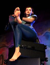 3d 3d_(artwork) barefoot blender capcom chun-li clothed clothing crossed_legs dominant_female feet feet_up female female_only flats foot_fetish foot_focus hair_bun hi_res highres legs_crossed looking_at_viewer looking_down low-angle_view no_shoes shoes_removed sitting soles solo solo_female street_fighter street_fighter_6 suitcase syclops tight_clothing tights toes