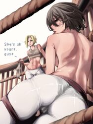 2girls annie_leonhardt ass attack_on_titan back bare_back bare_shoulders big_ass black_hair black_panties catfight english_text fight fighting_ring fit_female huge_ass humiliation medium_breasts mikasa_ackerman multiple_girls muscular muscular_female pants pussy short_hair sunrighto text white_pants