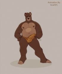 animated anthro balls bear belly bent_arm brown_body brown_fur bulge clothed clothing flexing fur genitals male mammal muscular muscular_anthro muscular_male narrowed_eyes nipples partially_clothed penis simple_background smile smiling_at_viewer smirk smirking_at_viewer snaftfc solo spread_arms spread_legs spreading standing taking_off tan_body tan_fur tan_penis underwear yellow_clothing yellow_underwear