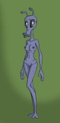 2012 alien alien_humanoid antennae_(anatomy) black_eyes breasts female full-length_portrait genitals green_background grey_body grey_skin hi_res humanoid nipples not_furry nude nude_female paradox-sin portrait pussy simple_background solo spots