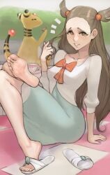 1girls ampharos barefoot blush brown_eyes brown_hair clothed embarrassed feet foot_fetish jasmine_(pokemon) looking_at_viewer open_mouth outside picnic pokémon_(species) pokemon pokemon_(species) presenting scas sitting small_breasts smile soles solo sweat toes