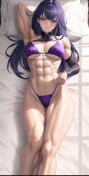 1girls abs ai_generated buff_female dark_blue_hair female female_only genshin_impact highleg_bikini light-skinned_female looking_at_viewer muscular muscular_female obliques on_bed purple_bikini purple_eyes raiden_shogun solo thunder_thighs