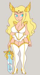 2020 2020s adora armor bikini_armor blonde_female blonde_hair blonde_hair_female blue_eyes bracer breasts cleavage curvaceous curvy curvy_figure dress female female_only frilled_dress frilled_skirt frills gold_high_heels grey_background high_heel_boots high_heels hourglass_figure large_breasts leotard light-skinned_female light_skin long_hair pauldrons platinum_blonde_hair qiqimone she-ra she-ra_and_the_princesses_of_power short_dress short_skirt simple_background skirt solo solo_female standing sword thick_thighs thighhighs thin_waist tiara two-tone_high_heels weapon white_dress white_high_heels white_high_heels_boots white_leotard white_skirt white_thighhighs wide_hips yellow_high_heels
