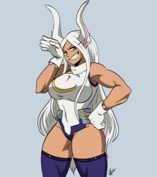 1girls breasts bunny_ears female female_only fit_female grin hero_outfit_(mha) long_hair looking_at_viewer miruko my_hero_academia red_eyes rumi_usagiyama sharp_teeth shawncookie solo thick_thighs thighs white_hair