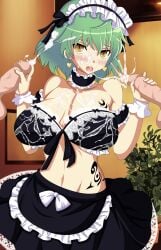 1girls 2boys after_fellatio after_oral artemisumi big_breasts black_bra blush cleavage cum cum_in_mouth cum_on_body cum_on_breasts cum_on_face double_handjob earrings facial female frilled_bra frilled_hairband frills green_hair handjob heart_earrings hikage_(senran_kagura) huge_breasts indoors kunoichi large_breasts light-skinned_female light-skinned_male light_skin maid maid_apron maid_headdress male navel ninja open_mouth penis senran_kagura shiny_hair shiny_skin short_hair slit_pupils tattoo teeth testicles tongue uncensored yellow_eyes