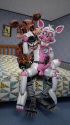 3d 3d_(artwork) animatronic bed canid canine claws colored_nails duo five_nights_at_freddy's five_nights_at_freddy's:_sister_location five_nights_at_freddy's_4 fox foxy_(fnaf) funtime_foxy funtime_foxy_(fnaf) funtime_foxy_(fnafsl) furniture gay genitals hand_on_muzzle hi_res hook hook_hand humanoid leg_over_edge lucas_shepherd machine male male/male male_only mammal nails nightmare_foxy on_bed on_lap penis pink_body pink_nails pink_penis pirate red_body red_penis robot satisfied_look scottgames sex sharp_claws sharp_teeth sitting_on_lap teeth unknown_artist white_body yellow_eyes