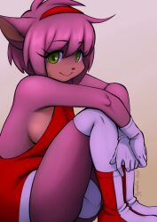 amy_rose anthro boots bulge bulge_in_panties bulge_through_clothing dickgirl dress furry futanari gloves green_eyes hairband heart-shaped_pupils panties pink_fur poyopop sega sideboob sitting smile sonic_(series) thighhighs