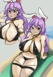 1girls areolae areolae_slip beach big_breasts bikini bunny_ears bunny_girl get2_audio2 laying_on_ground light-skinned_female long_hair nipple_slip purple_hair red_eyes reisen_udongein_inaba smile sweat sweaty_body thick_thighs touhou