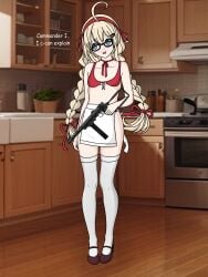 1girls an_hydrolyst blonde_hair girls'_frontline glasses gun m45_(girls_frontline) nervous red_bra socks tagme thigh_socks thighhighs white_socks