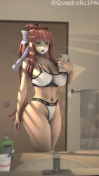 3d bathroom big_breasts blush bow brown_hair doki_doki_literature_club fingernails green_eyes green_nails mirror mirror_selfie monika_(doki_doki_literature_club) nail_polish phone quadraticsfm source_request tagme thick_thighs underwear