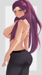 1girls arm_tattoo ass back back_tattoo bare_back big_ass braid breasts brown_eyes earrings female female_only fire_emblem fire_emblem:_three_houses large_breasts looking_at_viewer nintendo nipples peli_cantaro petra_macneary ponytail post-timeskip purple_hair solo tattoo yoga_pants