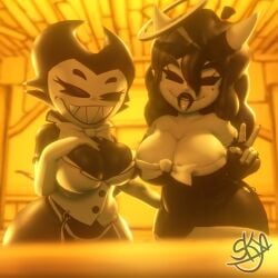 1:1 2022 3d alice_angel angel angel_humanoid anthro bendy bendy_and_the_ink_machine bendy_fem big_breasts big_teeth black_body breasts cleavage clothed clothing curvy_figure darling_(cally3d) demon demon_humanoid digital_media_(artwork) duo female horn humanoid hybrid mtf_crossgender rule_63 sharp_teeth simple_background skxx_elliot smile south_shaed_(dreams_come_true_studio) teeth thick_thighs tongue tongue_out voluptuous yellow_background