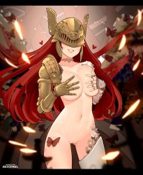 1girls big_breasts elden_ring female female_only fromsoftware grabbing_own_breast hand_on_breast hands_covering_nipples heart large_breasts long_hair looking_at_viewer malenia_blade_of_miquella mask nipples_covered nude pussy red_hair rezodwel smile solo standing thick_thighs