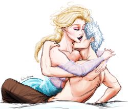 1boy 1girls arms_around_neck arms_around_partner blonde_hair breasts_on_chest closed_eyes crossover disney dreamworks elsa_(frozen) embrace embracing eyeshadow female frailelement frozen_(film) hugging jack_frost jack_frost_(rise_of_the_guardians) jelsa kiss_on_neck kissing_neck leaning_on_person lipstick makeup male neck_kiss parted_lips partially_clothed rise_of_the_guardians romantic sensual shirtless