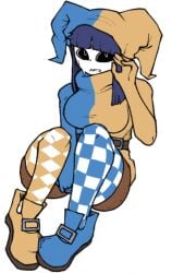 atreyujulias belt blue_hair checkered checkered_clothing checkered_legwear dark-skinned_female dark_skin duomi_(kalmoire) jester jester_costume jester_hat jester_outfit mario_(series) mask mask_on_head masked masked_female multicolored_clothes multicolored_clothing shy_gal straight_hair