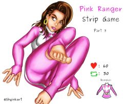 1girls 2023 belt bodysuit brown_eyes brown_hair feet female helmet_removed heroine kimberly_hart pink_bodysuit power_rangers shyinkart smile strip_game