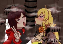 2girls 4boys blush clothed cum dark-skinned_male dark_skin interracial licking licking_penis light-skinned_female light_skin mmmmff_sixsome orgy rooster_teeth ruby_rose rwby sixsome tongue tongue_out yang_xiao_long