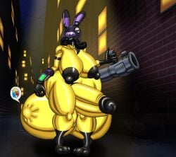 1futa 3_toes anthro ass balls big_balls big_butt black_ear_tips black_nipples black_penis bone breasts city cityscape cock_vore erection evilfoxyfull feet futa_focus futanari gas_mask genitals gun gynomorph hair hazmat_suit hi_res holding_gun holding_object holding_weapon huge_balls human humanoid_genitalia humanoid_penis hyper hyper_balls hyper_genitalia intersex lagomorph leporid long_hair mammal mask nipples penile penis purple_ears rabbit ranged_weapon rubber skull solo_focus toes vore weapon yellow_balls yellow_breasts yellow_penis