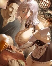 1boy 1girls beer_mug big_boobs big_breasts body_writing boobs breasts breasts_out dutch_angle faceless_male femsub food hololive hololive_fantasy hololive_japan huge_breasts kuroi_suna leaning_forward legs_together lilac_hair maledom nipples no_bra price pricelist prostitute prostitution purple_hair shirogane_noel table virtual_youtuber waitress writing_on_body writing_on_breasts writing_on_skin