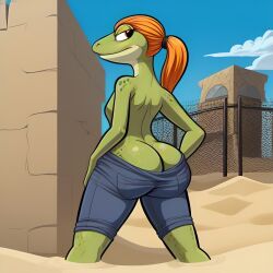 1girls 2020s 2023 ai_generated anthro ass ass_cleavage big_ass female female_only frosting.ai gecko half_naked jeans knee_deep lizard lizard_humanoid ponytail sand scalie scalie_humanoid scalieton self_upload topless