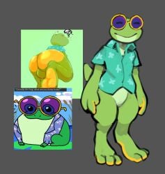 2023 amphibian anthro ass balls barefoot bottomless closed_eyes clothed clothing english_text eyewear feet feral frog genitals green_body latchk3y male simple_background smile soles solo sunglasses text