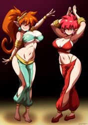 2girls armpits auburn_hair belly_dance belly_dancer belly_dancer_outfit blue_eyes blush cleavage curvy curvy_body curvy_figure curvy_hips dancer dancing deviantart harem harem_girl harem_outfit harem_pants huge_breasts long_hair ono-fire original original_characters ponytail red_hair