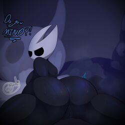 2023 absurd_res annoyed annoyed_expression anthro anus arthropod ass barely_visible_anus big_breasts big_butt black_body black_eyes black_skin bodily_fluids breasts dialogue digital_media_(artwork) emanata english_text fecharis female gazaster genitals hi_res hollow_knight hornet_(hollow_knight) hot_spring humanoid_genitalia insects looking_at_viewer looking_back lying mask mouthless noseless nude on_front pussy signature simple_background solo spread_legs spreading sweat team_cherry text thick_thighs water