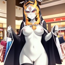 1girls ai_generated black_legwear breasts exposed_breasts female female_only fluffy hood jewelry midna nintendo ponytail public_nudity pussy ruptuorie sclera solo the_legend_of_zelda twili_midna twilight_princess