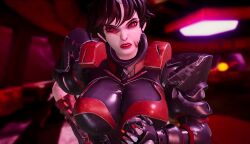 1girls armor black_hair breasts elizabeth_blythe huge_breasts large_breasts looking_at_viewer medium_hair red_eyes scar subverse upscaled