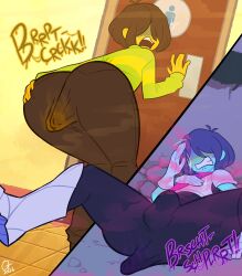 1boy alternate_breast_size alttenn ass backsack balls big_ass big_butt blue_hair blue_skin blush blush_lines brown_hair butt deltarune fanning_face fanning_self fat_ass fat_butt fully_clothed huge_ass huge_butt kris_(deltarune) male male_only messing oddtenn panty_poop panty_pooping penis scat soiling solo sweat sweating tenuousoddity text thick_ass thick_butt thick_thighs toby_fox yellow_skin