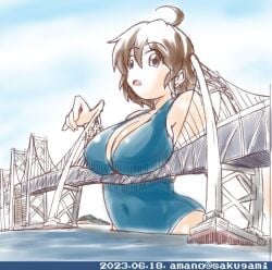 1girls big_breasts blue_swimsuit breasts bridge brown_eyes brown_hair brown_hair female giantess giga_giantess light-skinned_female light_skin medium_hair navel_bulge ocean one_piece_swimsuit sakugami solo solo_female