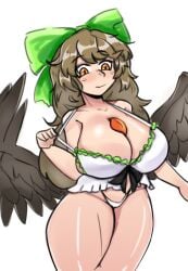 1girls barely_clothed big_breasts brown_hair cleavage female get2_audio2 huge_breasts light-skinned_female long_hair orange_eyes panties shortstack sideboob smile thick_thighs touhou utsuho_reiuji white_background wings