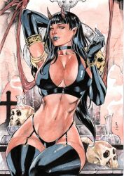 1girls 2023 bat_wings curvaceous curvy dynamite_comics ed_benes_studio graveyard hi_res horns huge_breasts long_hair looking_at_viewer purgatori sakkara_(character) seductive_look voluptuous voluptuous_female