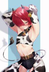 1boy ahoge animal_ears animal_print arched_back armpits arms_behind_back bell belt blush bulge bulge_through_clothing chaps chinese_zodiac collar cow_boy cow_ears cow_horns cow_print cow_tail crossdressing ear_tag elbow_gloves fate/grand_order fate_(series) femboy fuuma_kotarou_(fate) girly gloves hair_over_one_eye highres horns male_focus male_only midriff navel neck_bell omiyacha otoko_no_ko red_eyes red_hair short_shorts shorts smile tail year_of_the_ox