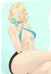 bikini_top blonde_hair choker drewnn dripping elf_ears hylian hylian_ears ice_cream licking popsicle princess_zelda short_hair small_breasts tears_of_the_kingdom the_legend_of_zelda thick_thighs zelda_(tears_of_the_kingdom)