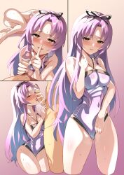 2girls blush bob_cut bow cum cum_in_pussy eiyuu_densetsu erection fellatio finger_to_mouth hairbow highres horny horny_female kuro_no_kiseki leotard licking licking_penis long_hair looking_at_viewer multiple_girls multiple_views mussyu_danachan on_knees oral penis purple_hair renne_(eiyuu_densetsu) renne_bright shh sidelocks smile sweat yellow_eyes