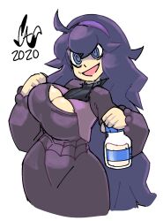 1girls 2020 big_breasts boob_window caliginous cleavage dress female hex_maniac large_breasts long_hair milk milk_bottle open_mouth pokemon purple_hair sole_female solo