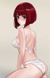 arima_kana ass bare_back bare_shoulders blunt_bangs blush bob_cut bra breasts female gyunzai highres looking_at_viewer medium_breasts medium_hair open_bra oshi_no_ko panties red_eyes red_hair solo thighs underwear wedgie