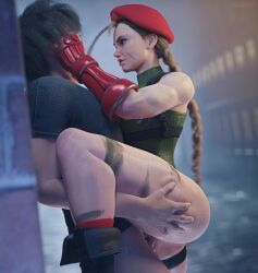 1boy 1boy1girl 1girls 3d blender blonde_hair cammy_white female hexencraft leg_grab leg_up leotard long_hair male muscle muscular muscular_female night pants side_view smile standing standing_sex street street_fighter street_fighter_6