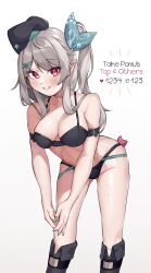 bobbq boots bra grey_hair looking_at_viewer nijisanji nijisanji_en panties pomu_rainpuff red_eyes smile smiling_at_viewer strip_game underwear virtual_youtuber