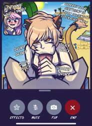 1boy 2girls beach bikini blonde_hair bracelet cheating cheetah_ears cheetah_girl cheety_(show_by_rock!!) citti_(show_by_rock!!) crying dialogue ear_piercing english_text facetime fellatio handjob highlights lion_ears lion_girl lion_tail looking_at_viewer lyna_(show_by_rock!!) ocean painted_nails sand_castle short_hair show_by_rock!! swimsuit tears video_call yellowcyann