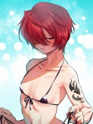 1boy ahoge bikini blush collarbone commentary_request crossdressing fate/grand_order fate_(series) femboy fuuma_kotarou_(fate) hair_over_one_eye highres looking_at_viewer male_focus male_only navel omiyacha otoko_no_ko red_eyes red_hair smile solo solo_focus solo_male sweatdrop swimsuit tattoo trap