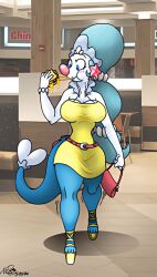 anthro anthro_only big_breasts burger dress female food food_court generation_7_pokemon high_heels pokemon pokemon_sm prilly_(lysergide) primarina purse restaurant table xanderdwulfe