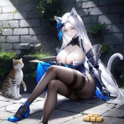 1girls armor big_breasts bra cat_ears cat_tail catgirl epic7 exposed_breasts feline furry heels long_hair nipples peira_(epic7) thick_ass thick_thighs white_hair yellow_eyes