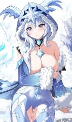 1girls armpit_crease bare_shoulders blue_eyes blue_hood blue_leggings blue_sleeves blush breasts cleavage clothing_cutout collarbone covering covering_breasts cowboy_shot cryo_cicin_mage_(genshin_impact) detached_sleeves dot_nose fur-trimmed_hood fur-trimmed_sleeves fur_cuffs fur_trim genshin_impact gloves gray_hair grey_gloves head_tilt highres hood hood_up jewelry large_breasts leggings legs_together light_blue_eyes long_bangs long_hair looking_at_viewer mihoyo off_shoulder parted_lips pendant sidelocks signature simple_background snowflakes snowing solo tagme teeth thick_ass thick_thighs thigh_cutout thigh_gap wardrobe_malfunction white_background white_hair yeni1871