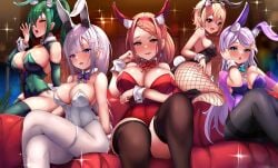 5girls absurdres anastasia_hoshin blonde_hair braid breasts cleavage couch crossed_legs crusch_karsten emilia_(re:zero) felt_(re:zero) female female_only fishnets green_eyes green_hair highres large_breasts leotard long_hair looking_at_viewer medium_breasts multiple_girls orange_hair playboy_bunny ponytail priscilla_barielle purple_eyes purple_hair rabbit_ears re:zero_kara_hajimeru_isekai_seikatsu red_eyes relpama sideboob silver_hair thick_thighs thighhighs thighs yellow_eyes