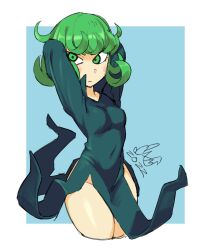 1girls 2022 blush bottomless breasts caliginous curly_hair dress green_eyes green_hair no_panties one-punch_man tatsumaki thighs